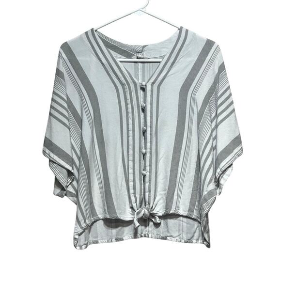 Sim & Sam Tops - Sim & Sam Women's Medium Gray Striped Tie Front Button Blouse Batwing Sleeve
